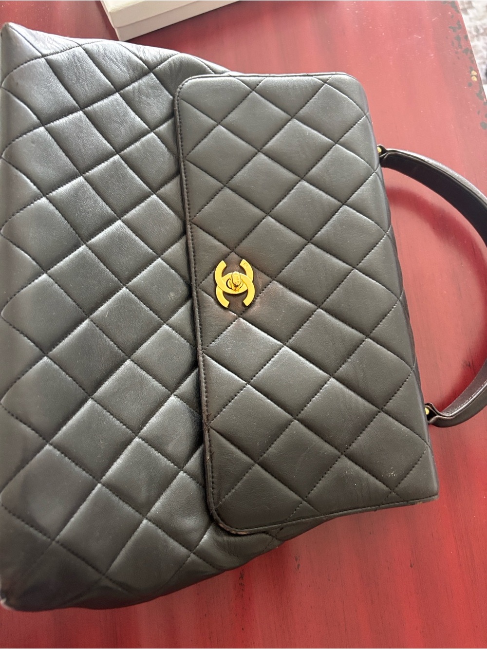 Authentic Chanel Vintage Kelly Flap Handle Bag lambskin leather